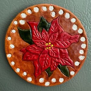Handmade Hand-carved leather poinsettia with snowflakes magnet